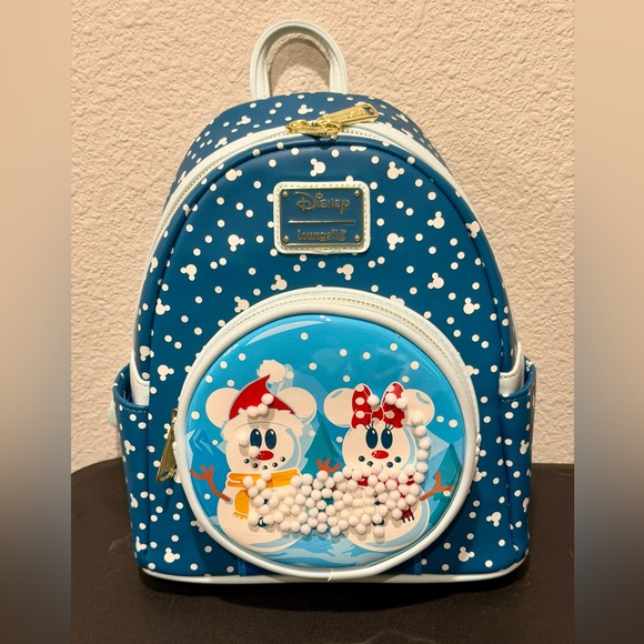 Loungefly Disney Mini Backpack Snowman Mickey & Minnie Mouse Snow Globe bag - Picture 5 of 10